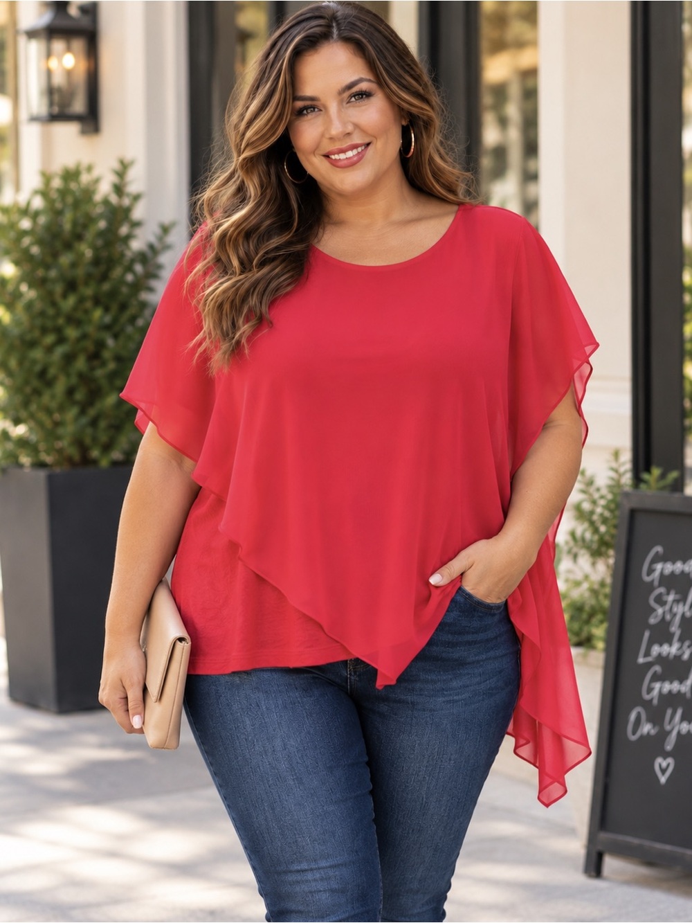 Iz Byer Sheer Chiffon Overlay Asymmetrical Cape Blouse Top - XL